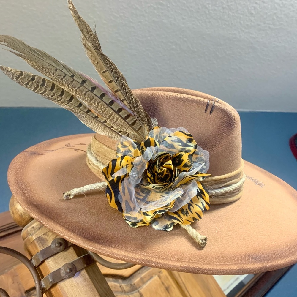 Hand Burned Fedora Tan with Feather and Floral Accent